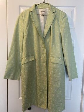 Hilary Radley Pale Green Floral-Embossed Long Blazer Coat